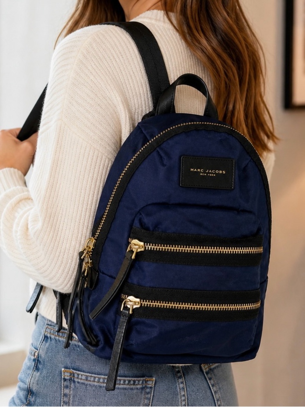 Marc Jacobs Mini Backpack Navy Blue Nylon Gold Zipper Double Pocket Small Bag